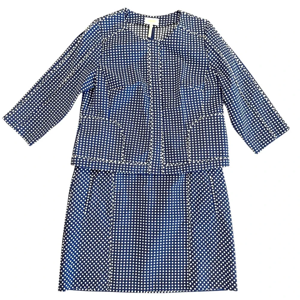 Laundry by Shelli‎ Segal Skirt Suit Womens 14 Blue Polka Dot 2-Piece Set NWT